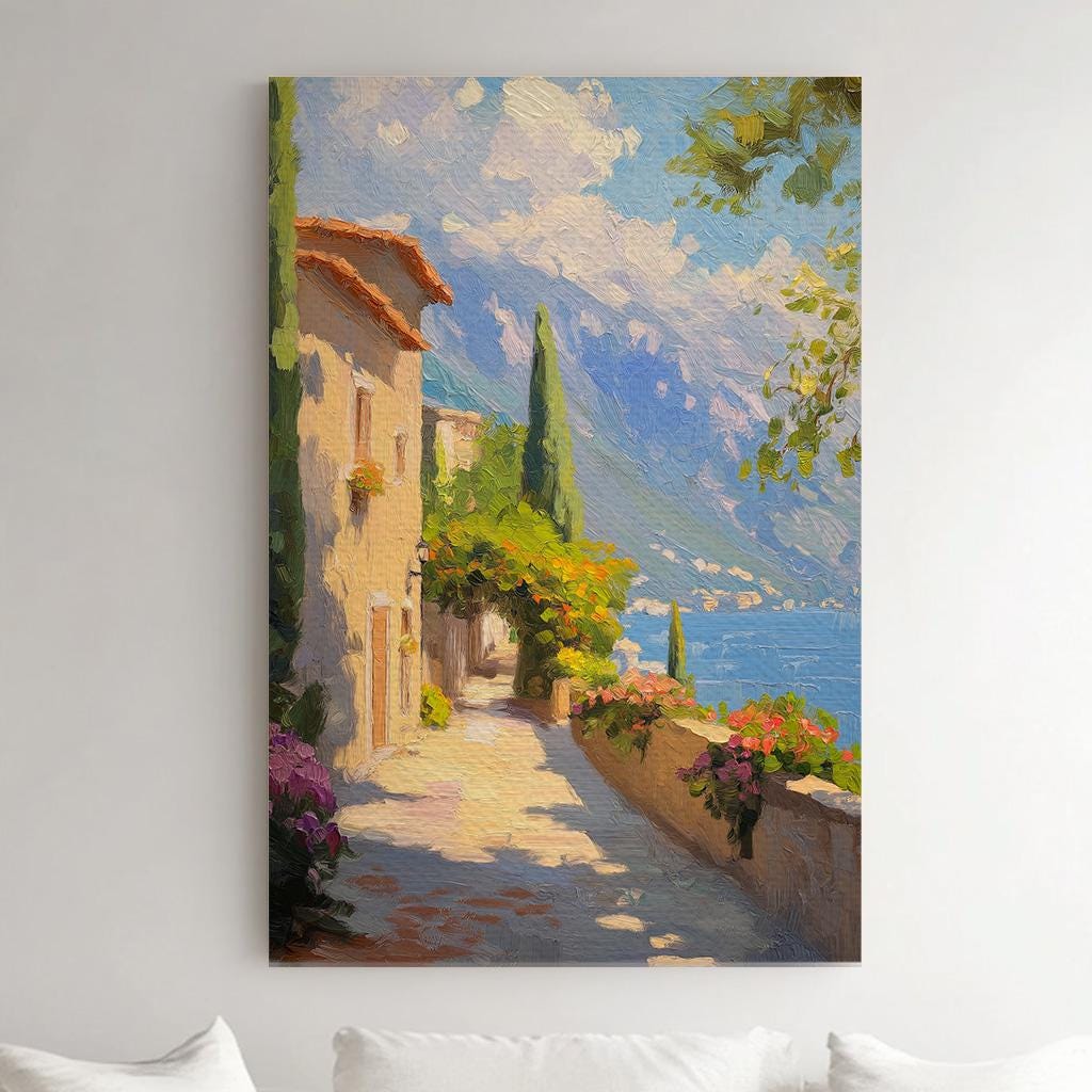 Village By The Ocean Vertical Wall Art Tuscany, Decor Tuscan Village Canvas Print, Italian Countryside Big Canvas Art