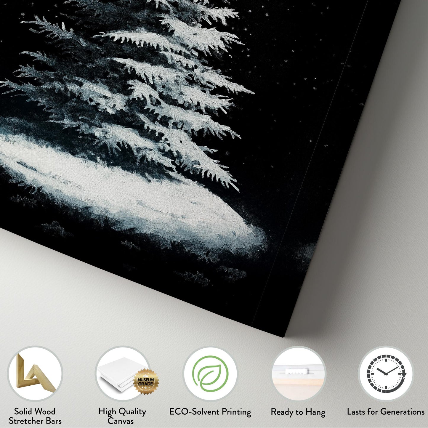 Snowy Pine Tree Pitch Black Vertical Wall Art Christmas, Decor Winter Canvas Print, Farmhouse Big Canvas Art