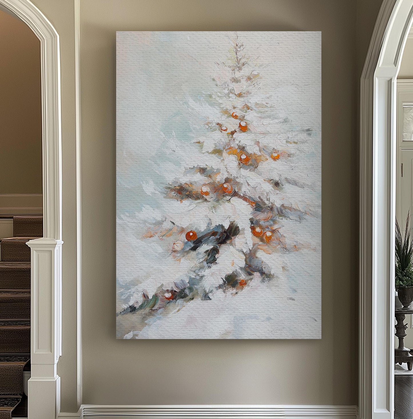 Snowy Christmas Tree Vertical Wall Art Christmas, Decor Winter Canvas Print, Farmhouse Big Canvas Art