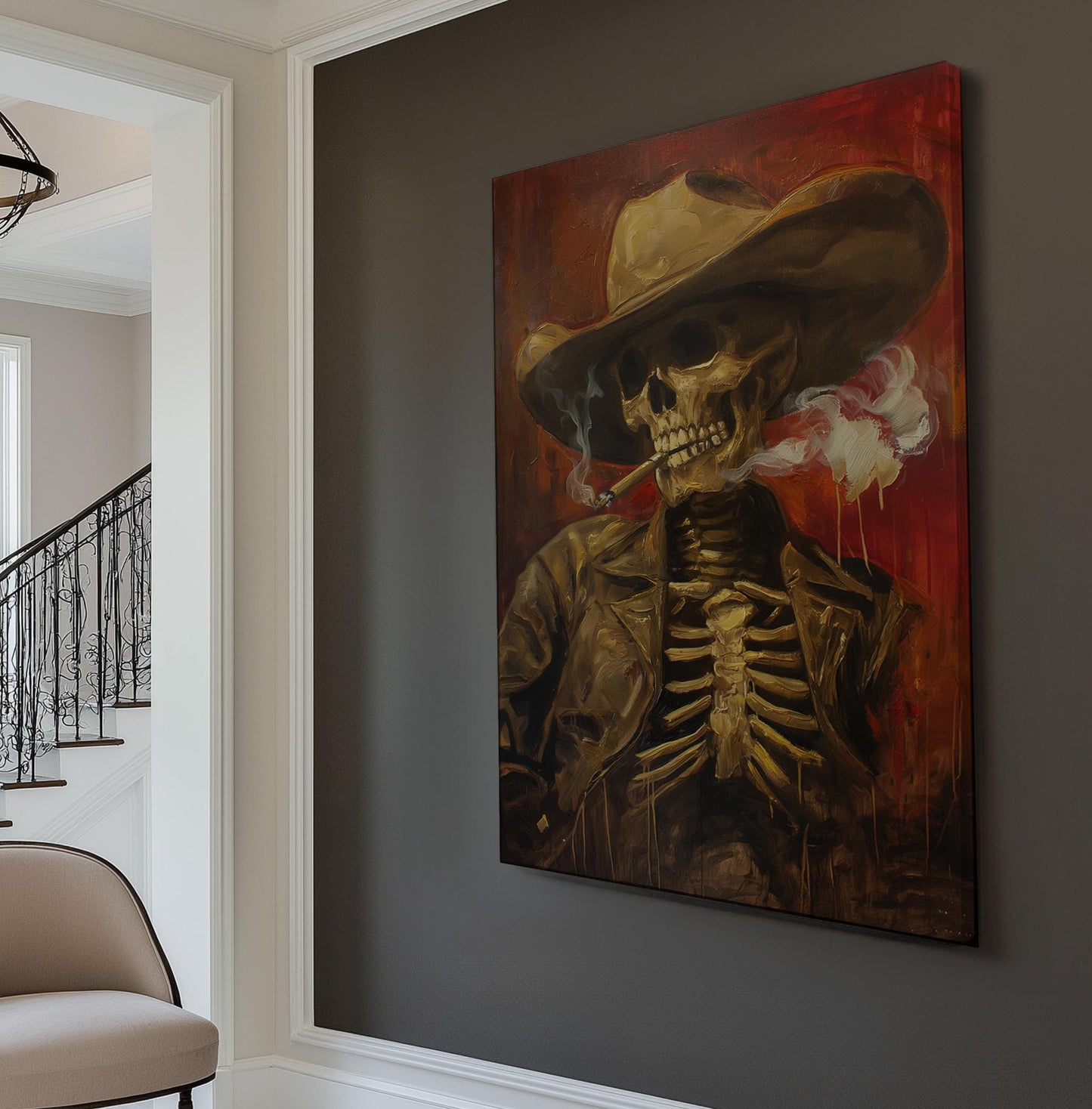 Smoking Skeleton Cowboy Vertical Wall Art Western, Decor Southwestern Canvas Print, Howdy Big Canvas Art