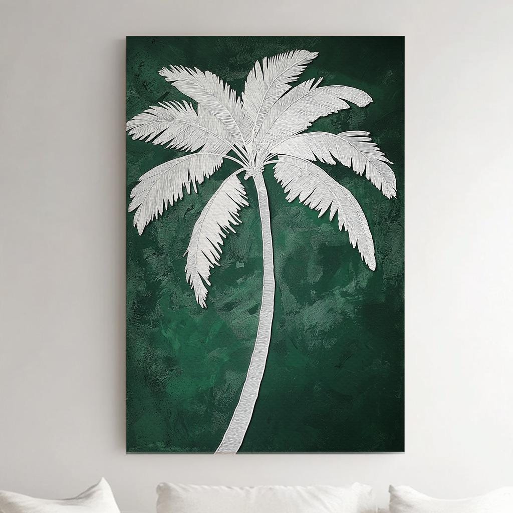 Sage Green Minimal Palm Tree Vertical Wall Art Tropical, Decor Boho Canvas Print, Palm Leaves Big Canvas Art