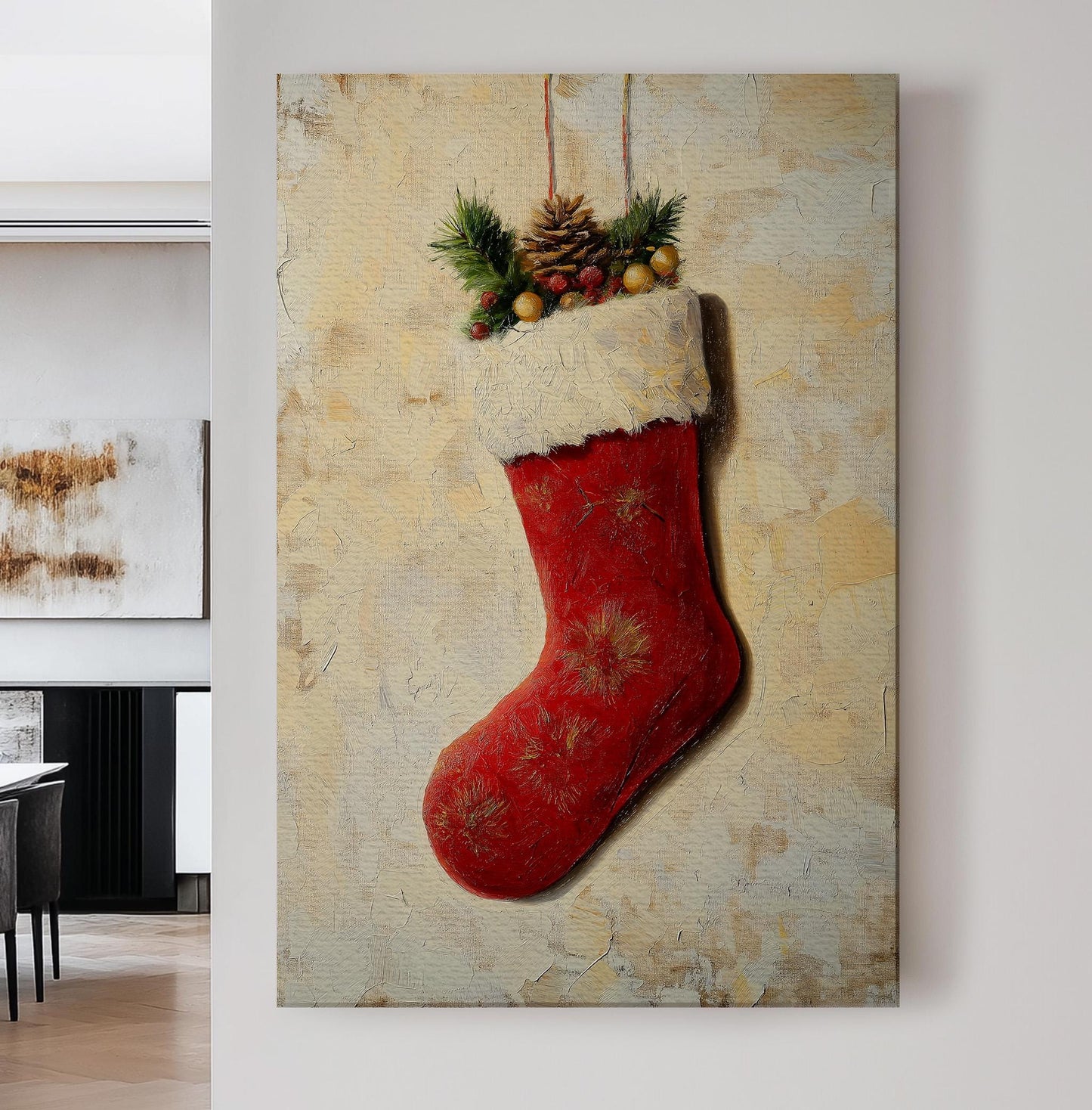 Red Christmas Stocking Vertical Wall Art Christmas, Decor Winter Canvas Print, Farmhouse Big Canvas Art