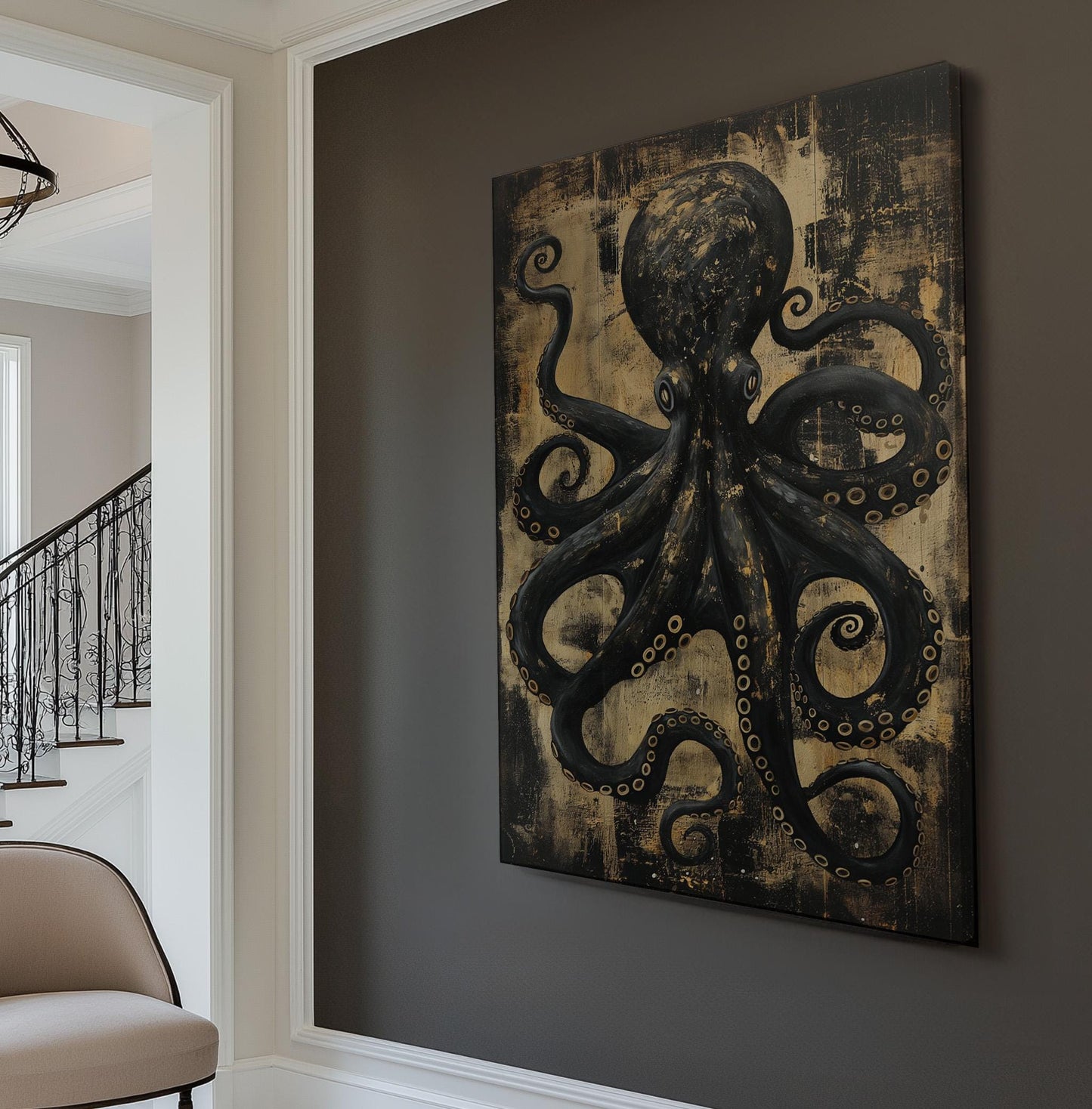 Mystic Octopus Vertical Wall Art Sea Creature, Decor Nautical Canvas Print, Beach House Big Canvas Art