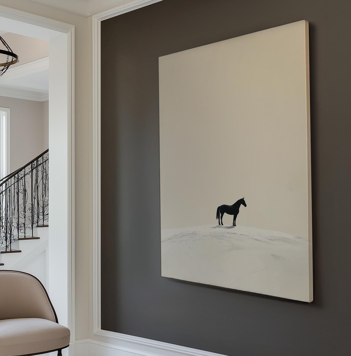 Horse On Snow Dune Vertical Wall Art Farmhouse, Decor Animal Canvas Print, Horse Farm Big Canvas Art