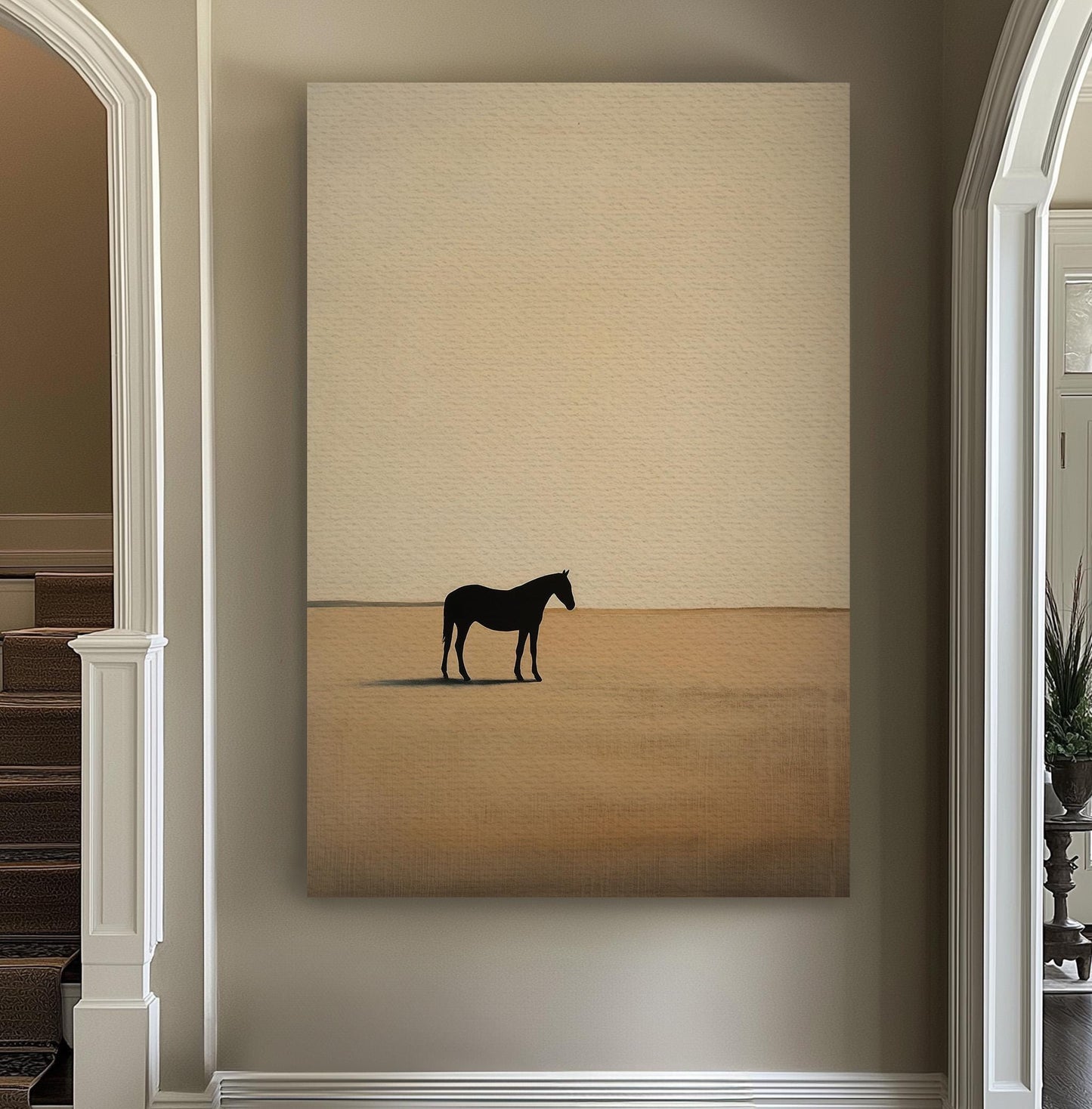Horse On Praire Vertical Wall Art Farmhouse, Decor Beige Canvas Print, Horse Farm Big Canvas Art