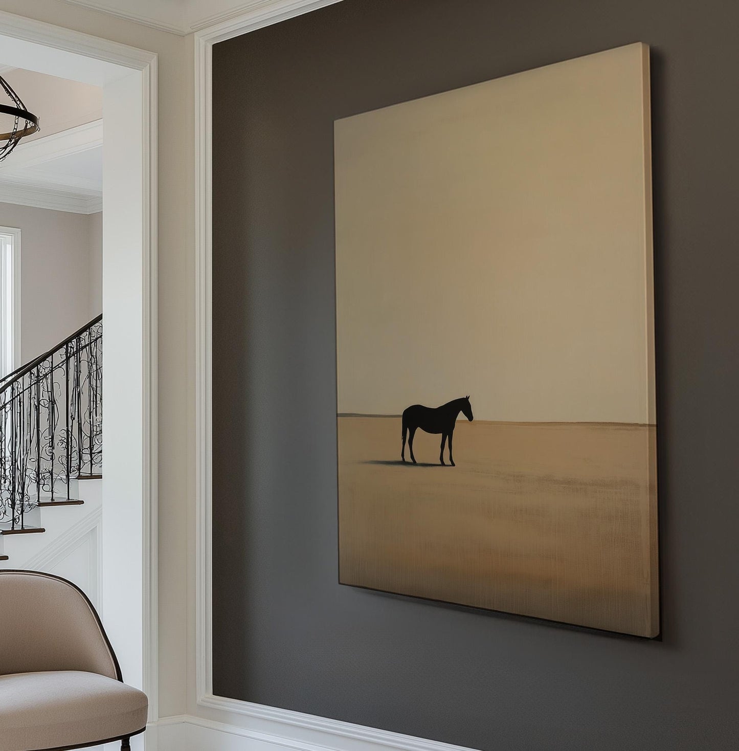 Horse On Praire Vertical Wall Art Farmhouse, Decor Beige Canvas Print, Horse Farm Big Canvas Art
