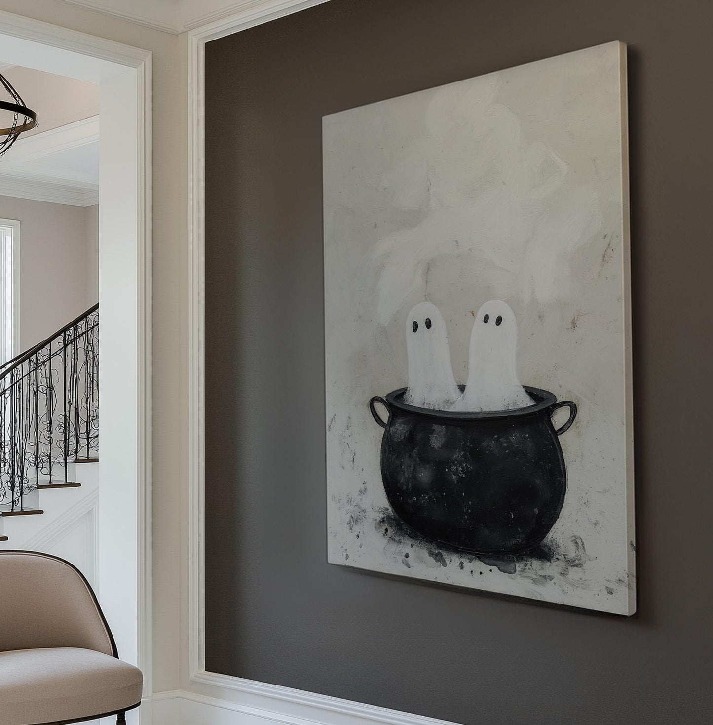 Halloween Ghosts Vertical Wall Art Spooky, Decor Dark Academia Canvas Print, Whimsical Big Canvas Art