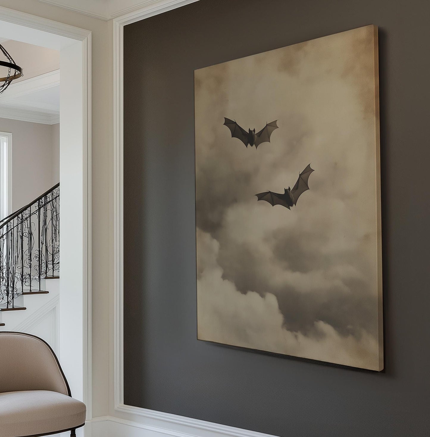 Halloween Bats Vertical Wall Art Spooky, Decor Dark Academia Canvas Print, Whimsical Big Canvas Art