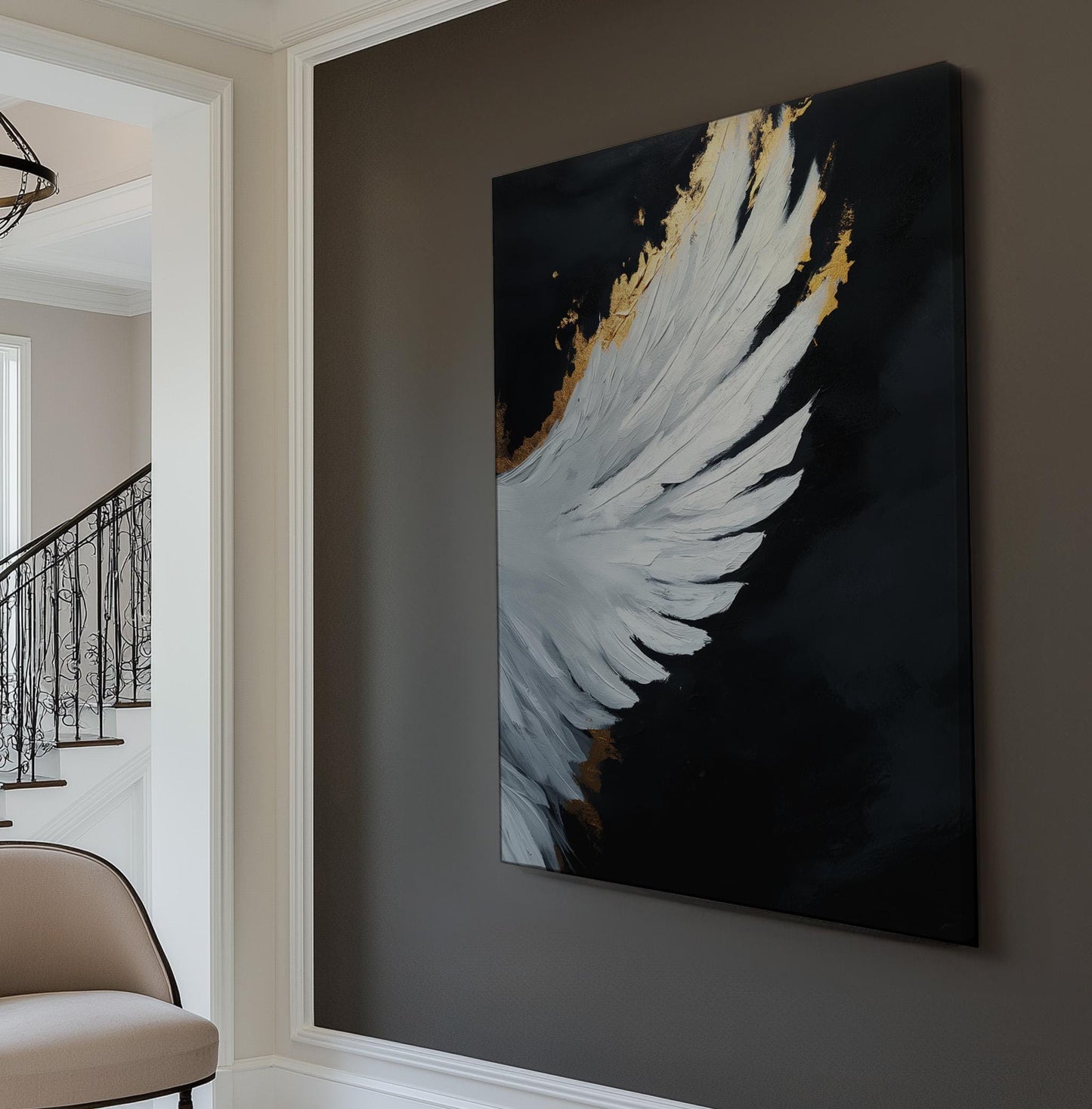 Gold Angel Wing Vertical Wall Art Angelic, Decor Blessed Canvas Print, Modern Big Canvas Art