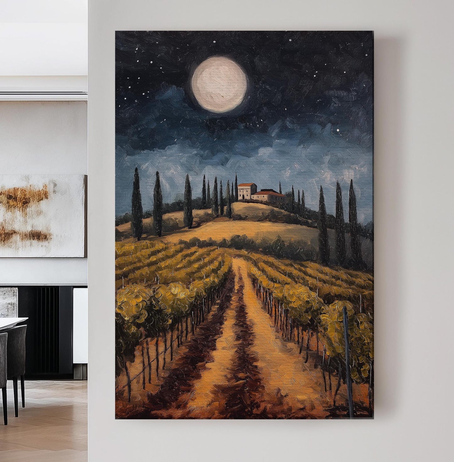 Full Moon Over The Vineyard Vertical Wall Art Tuscany, Decor Tuscan Village Canvas Print, Italian Countryside Big Canvas Art