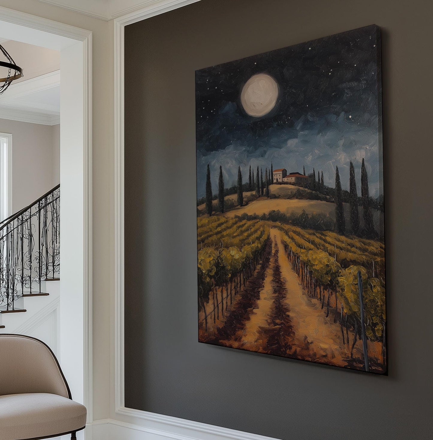 Full Moon Over The Vineyard Vertical Wall Art Tuscany, Decor Tuscan Village Canvas Print, Italian Countryside Big Canvas Art