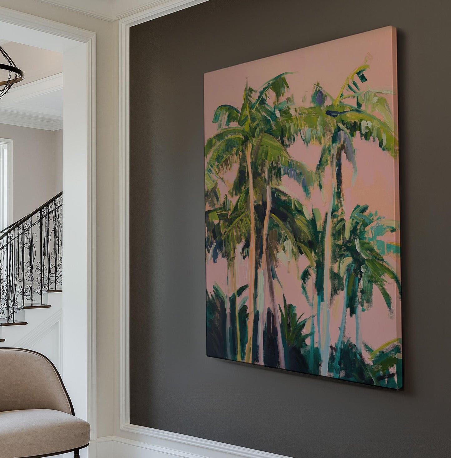 Florida Palm TreePink Sky Vertical Wall Art Coastal, Decor Tropical Canvas Print, Summer Pastel Big Canvas Art