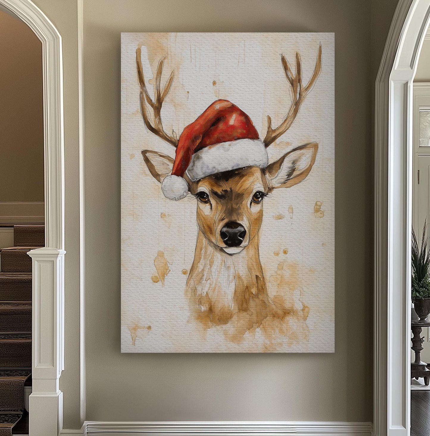Deer In Santa Hat Vertical Wall Art Christmas, Decor Winter Canvas Print, Farmhouse Big Canvas Art
