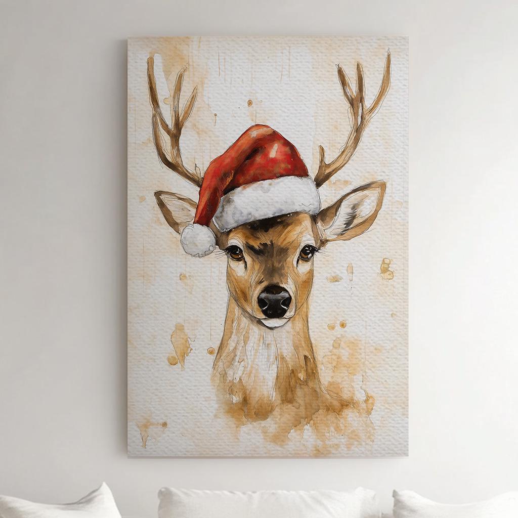 Deer In Santa Hat Vertical Wall Art Christmas, Decor Winter Canvas Print, Farmhouse Big Canvas Art
