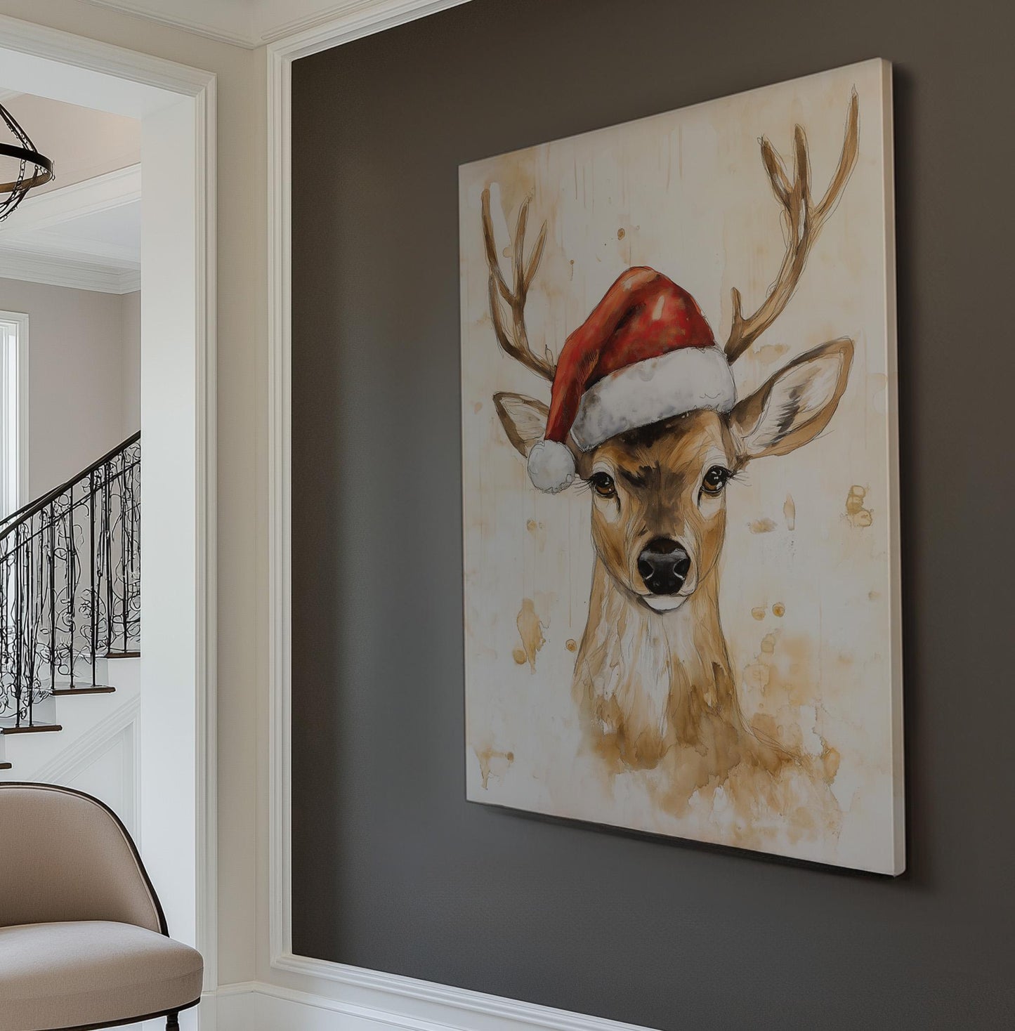 Deer In Santa Hat Vertical Wall Art Christmas, Decor Winter Canvas Print, Farmhouse Big Canvas Art