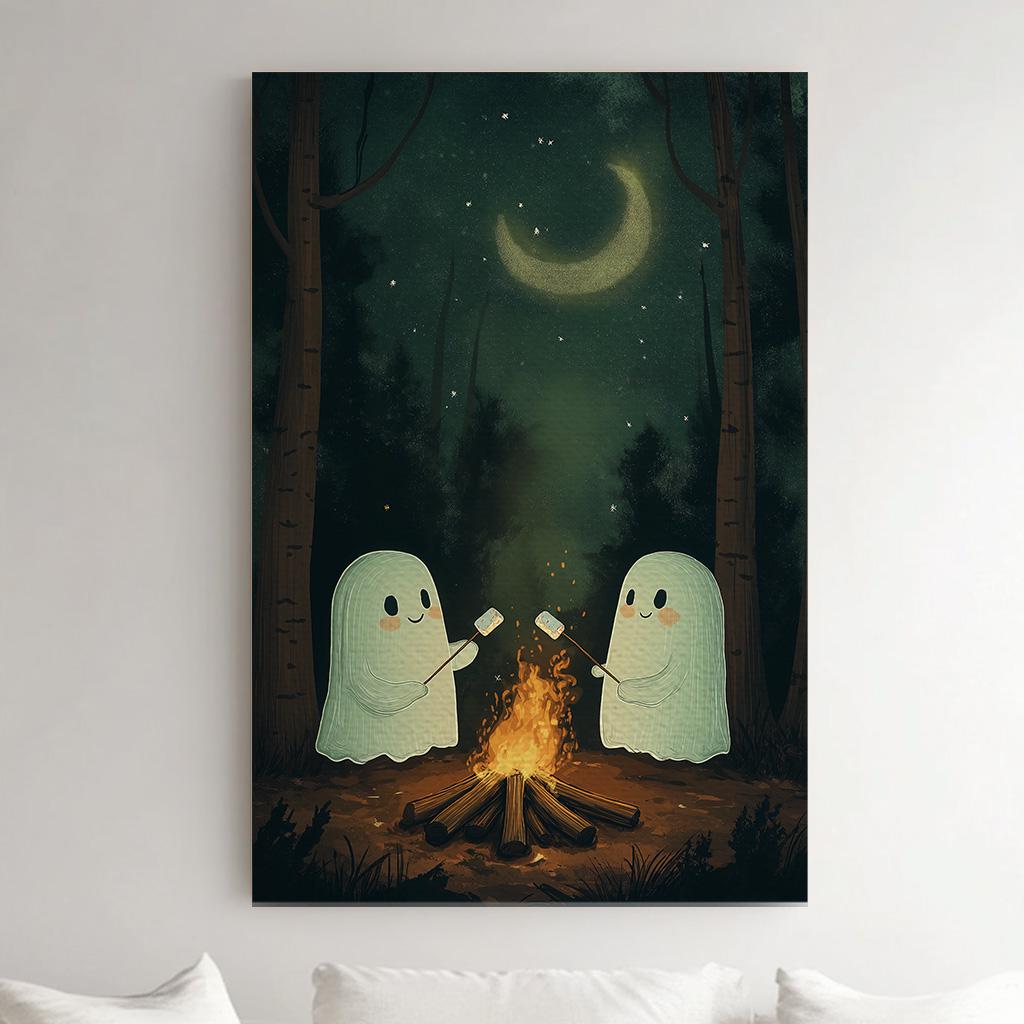Cute Halloween Ghosts With Marshmallow Vertical Wall Art Spooky, Decor Dark Academia Canvas Print, Whimsical Big Canvas Art