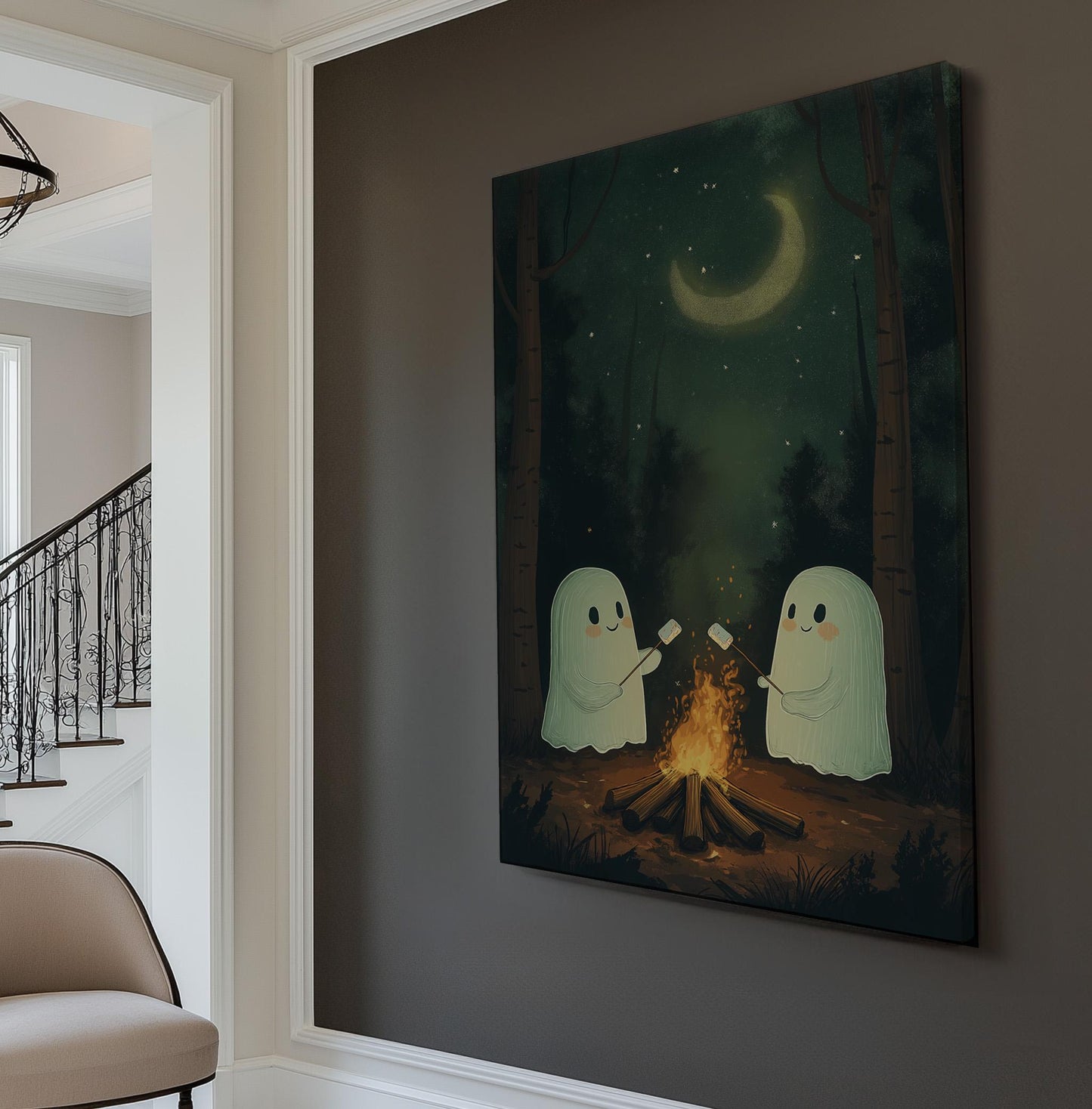 Cute Halloween Ghosts With Marshmallow Vertical Wall Art Spooky, Decor Dark Academia Canvas Print, Whimsical Big Canvas Art