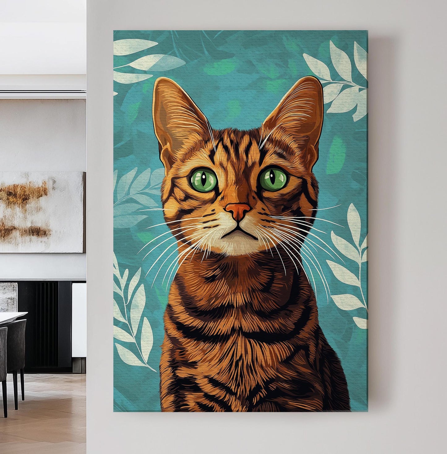 Cute Bengal Cat On Green Background Vertical Wall Art Pet, Decor Adorable Canvas Print, Minimal Big Canvas Art