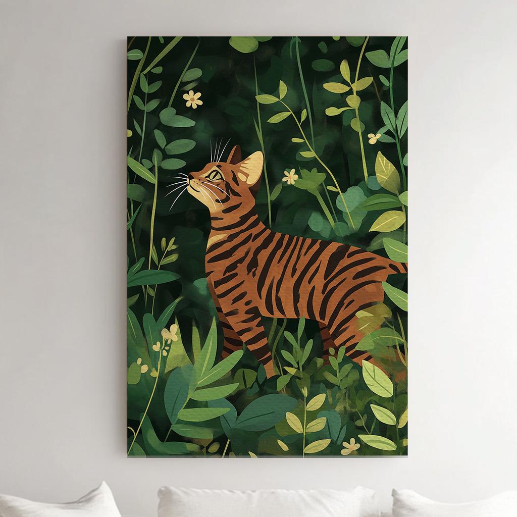 Cute Bengal Cat In The Garden Vertical Wall Art Pet, Decor Adorable Canvas Print, Minimal Big Canvas Art