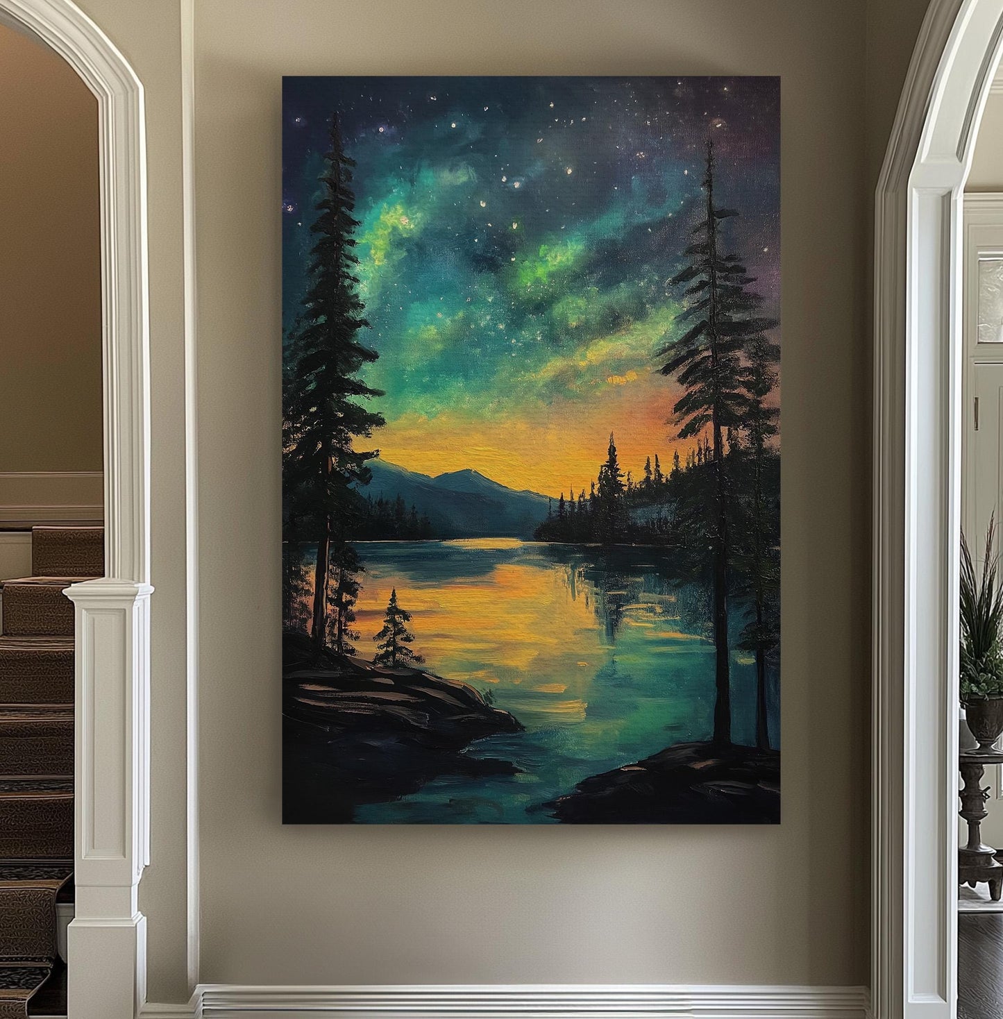 Sunrise at the Lake Vertical Wall Art Northern Lights, Decor Starry Sky Canvas Print, Aurora Borealis Big Canvas Art