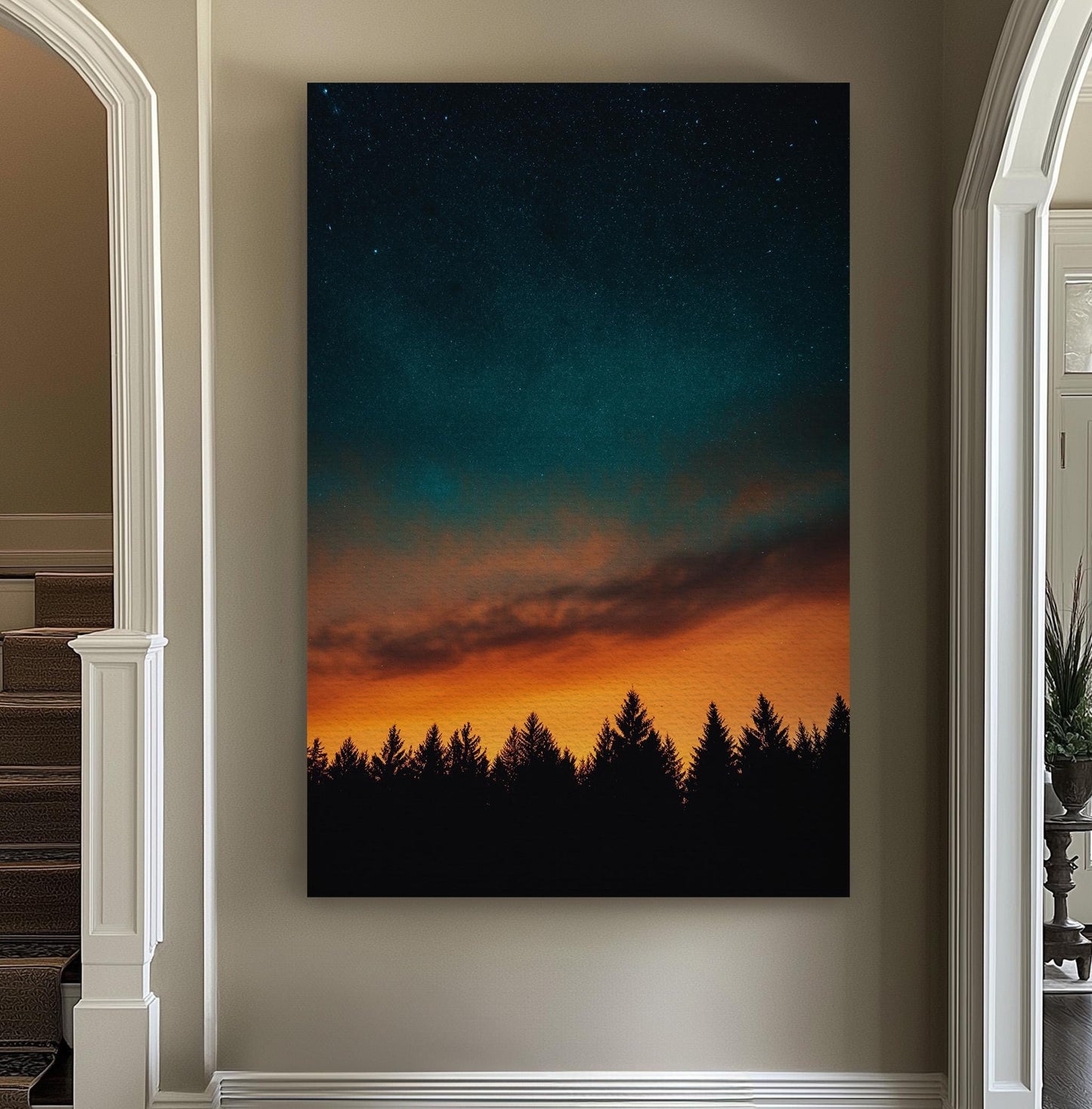 Sunrise in the Woods Vertical Wall Art Northern Lights, Decor Starry Sky Canvas Print, Aurora Borealis Big Canvas Art