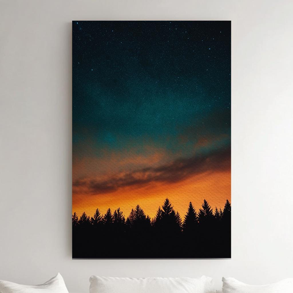 Sunrise in the Woods Vertical Wall Art Northern Lights, Decor Starry Sky Canvas Print, Aurora Borealis Big Canvas Art