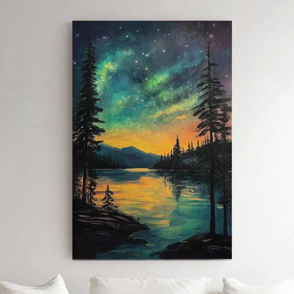 Sunrise at the Lake Vertical Wall Art Northern Lights, Decor Starry Sky Canvas Print, Aurora Borealis Big Canvas Art