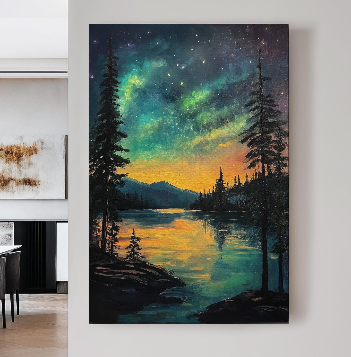 Sunrise at the Lake Vertical Wall Art Northern Lights, Decor Starry Sky Canvas Print, Aurora Borealis Big Canvas Art