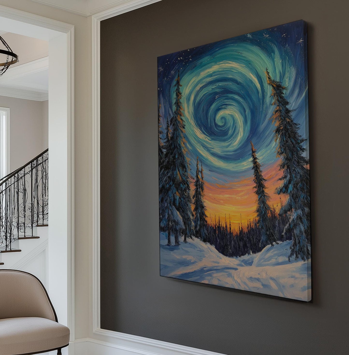 Swirling Sky Vertical Wall Art Northern Lights, Decor Starry Sky Canvas Print, Aurora Borealis Big Canvas Art