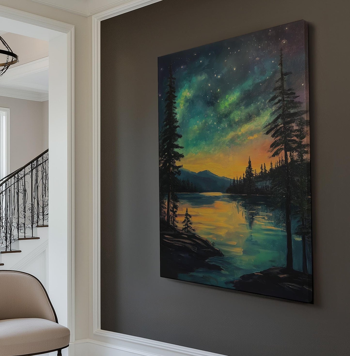 Sunrise at the Lake Vertical Wall Art Northern Lights, Decor Starry Sky Canvas Print, Aurora Borealis Big Canvas Art