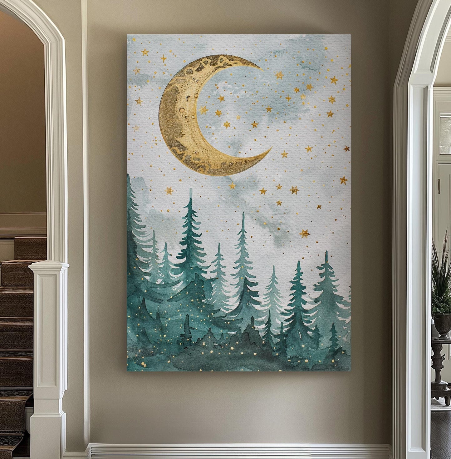 Starry Night Above Pine Trees Vertical Wall Art Enchanted Forest, Decor Fantasy Forest Canvas Print, Farmhouse Cabin Big Canvas Art