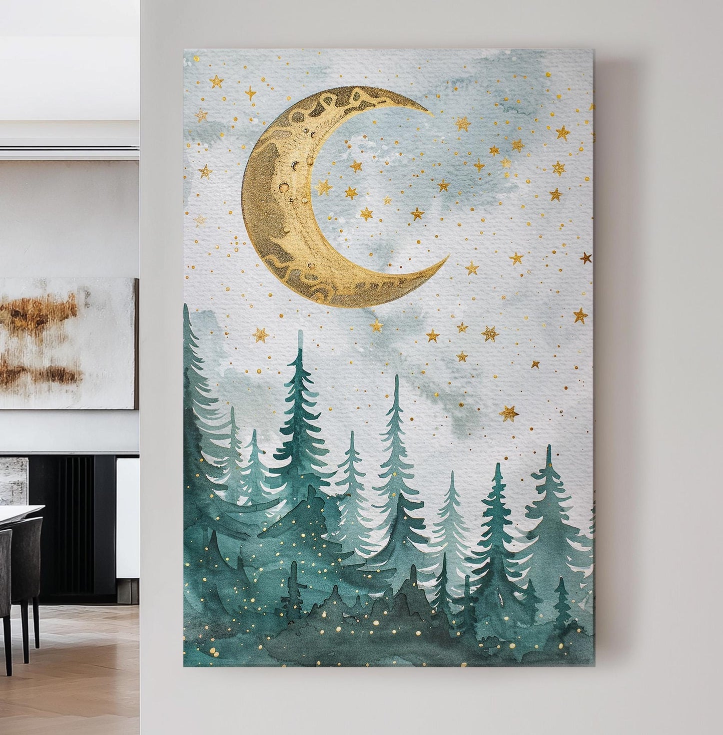 Starry Night Above Pine Trees Vertical Wall Art Enchanted Forest, Decor Fantasy Forest Canvas Print, Farmhouse Cabin Big Canvas Art