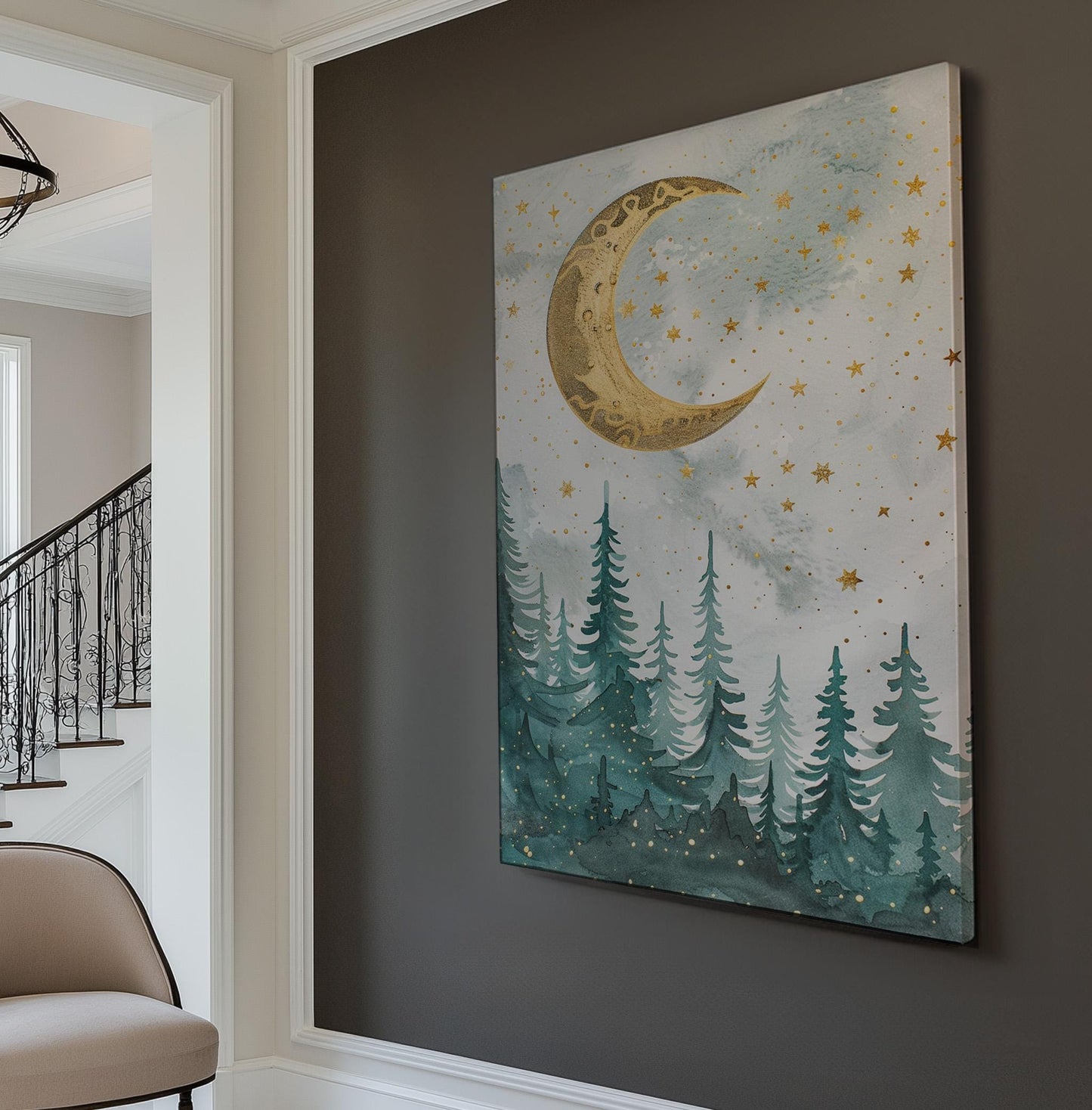 Starry Night Above Pine Trees Vertical Wall Art Enchanted Forest, Decor Fantasy Forest Canvas Print, Farmhouse Cabin Big Canvas Art