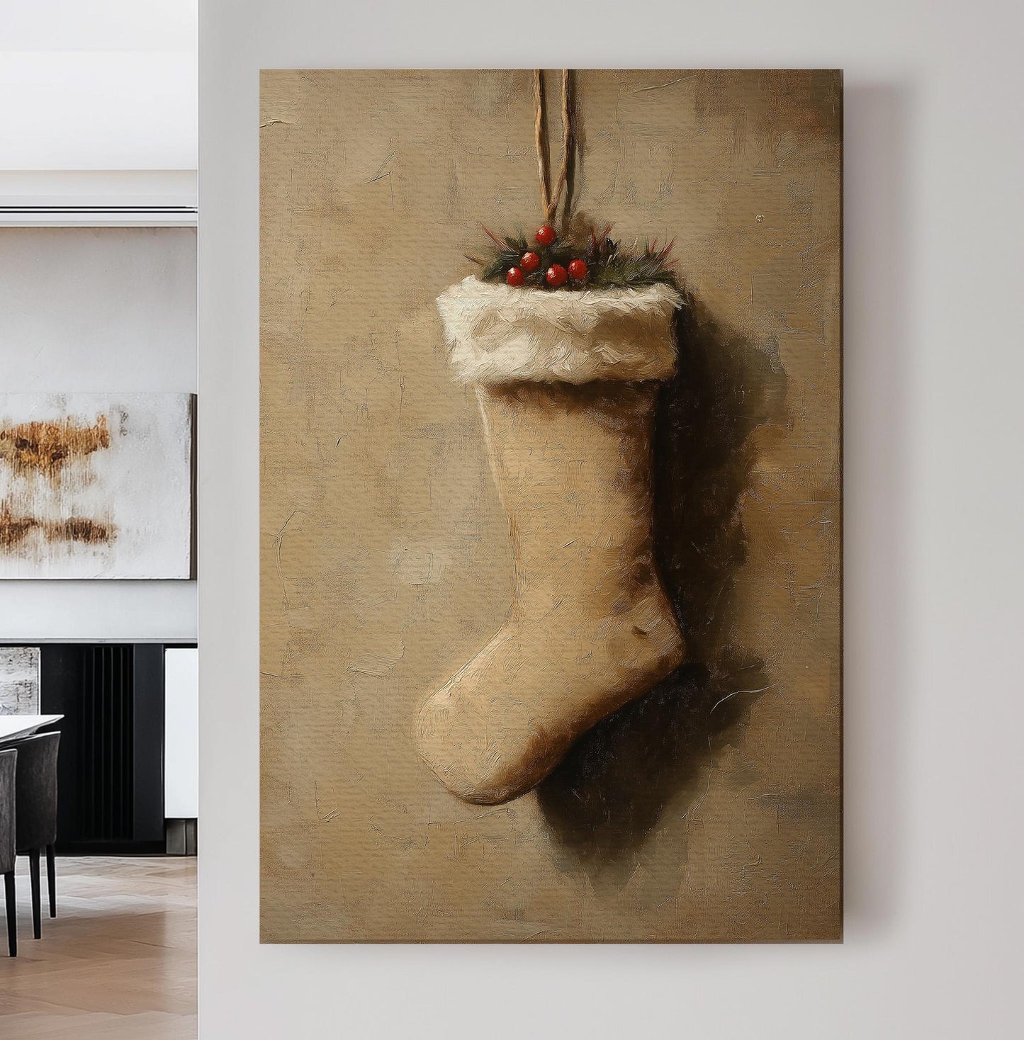 Brown Christmas Stocking Vertical Wall Art Christmas, Decor Winter Canvas Print, Farmhouse Big Canvas Art