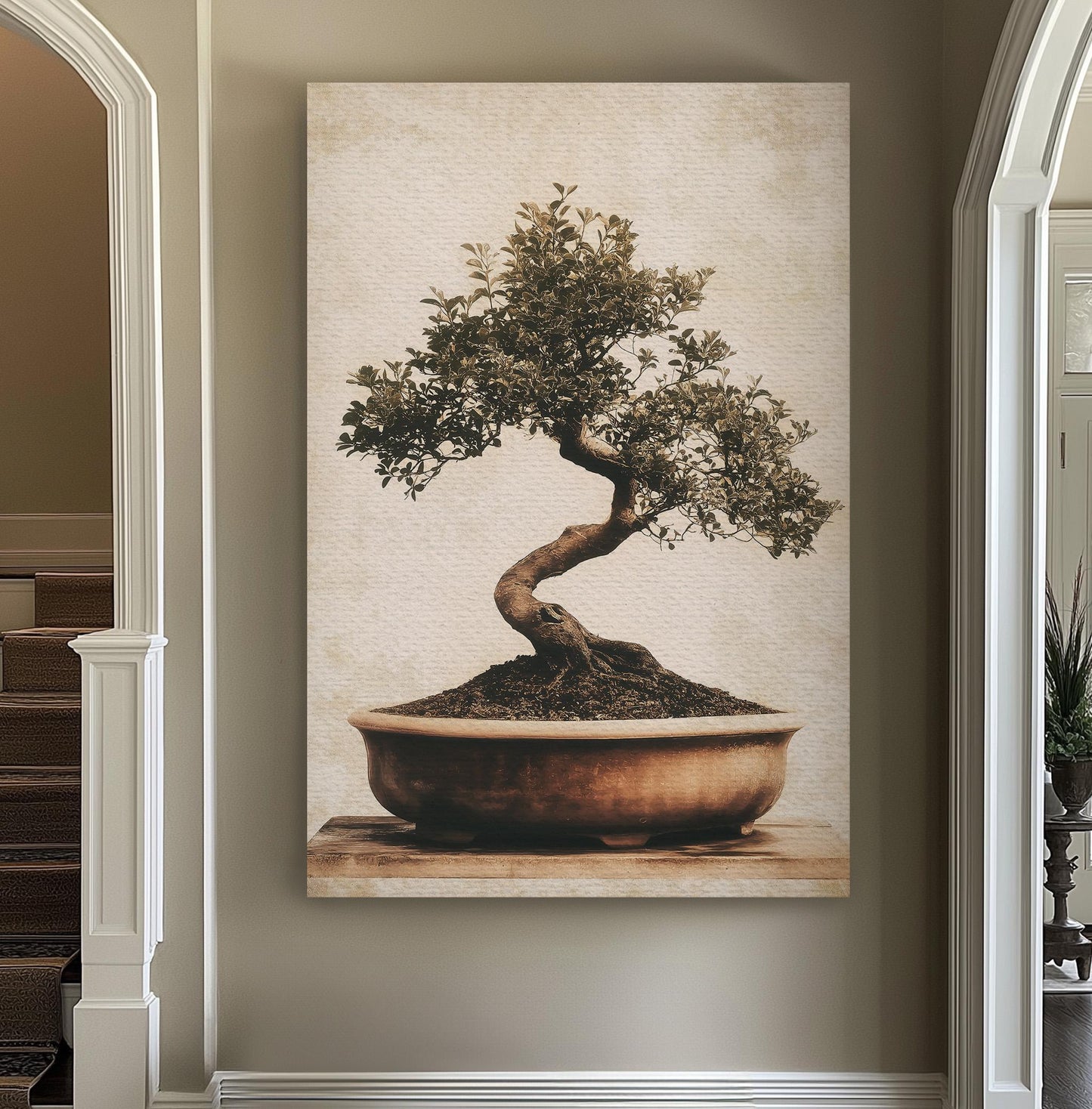Bonsai Still Life Vertical Wall Art Japanese, Decor Botanical Canvas Print, Muted Colors Sephia Big Canvas Art