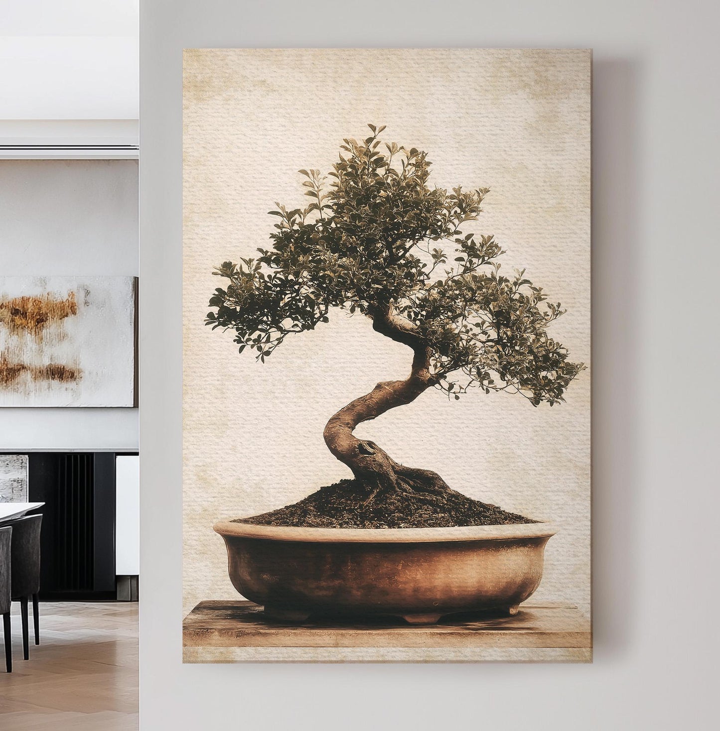 Bonsai Still Life Vertical Wall Art Japanese, Decor Botanical Canvas Print, Muted Colors Sephia Big Canvas Art