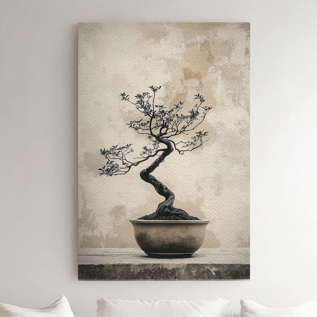 Bonsai Grey Vertical Wall Art Japanese, Decor Botanical Canvas Print, Muted Colors Sephia Big Canvas Art