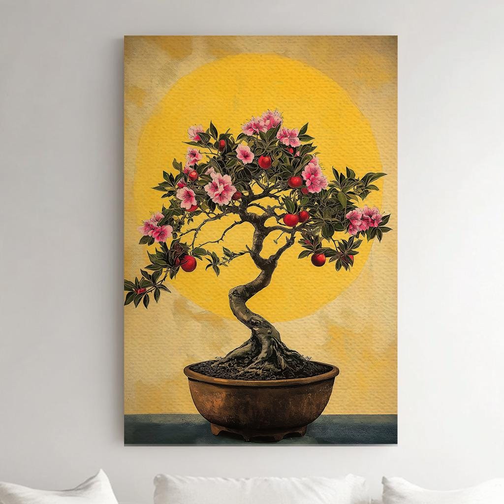 Bonsai Cherry Tree Vertical Wall Art Japanese, Decor Botanical Canvas Print, Muted Colors Sephia Big Canvas Art