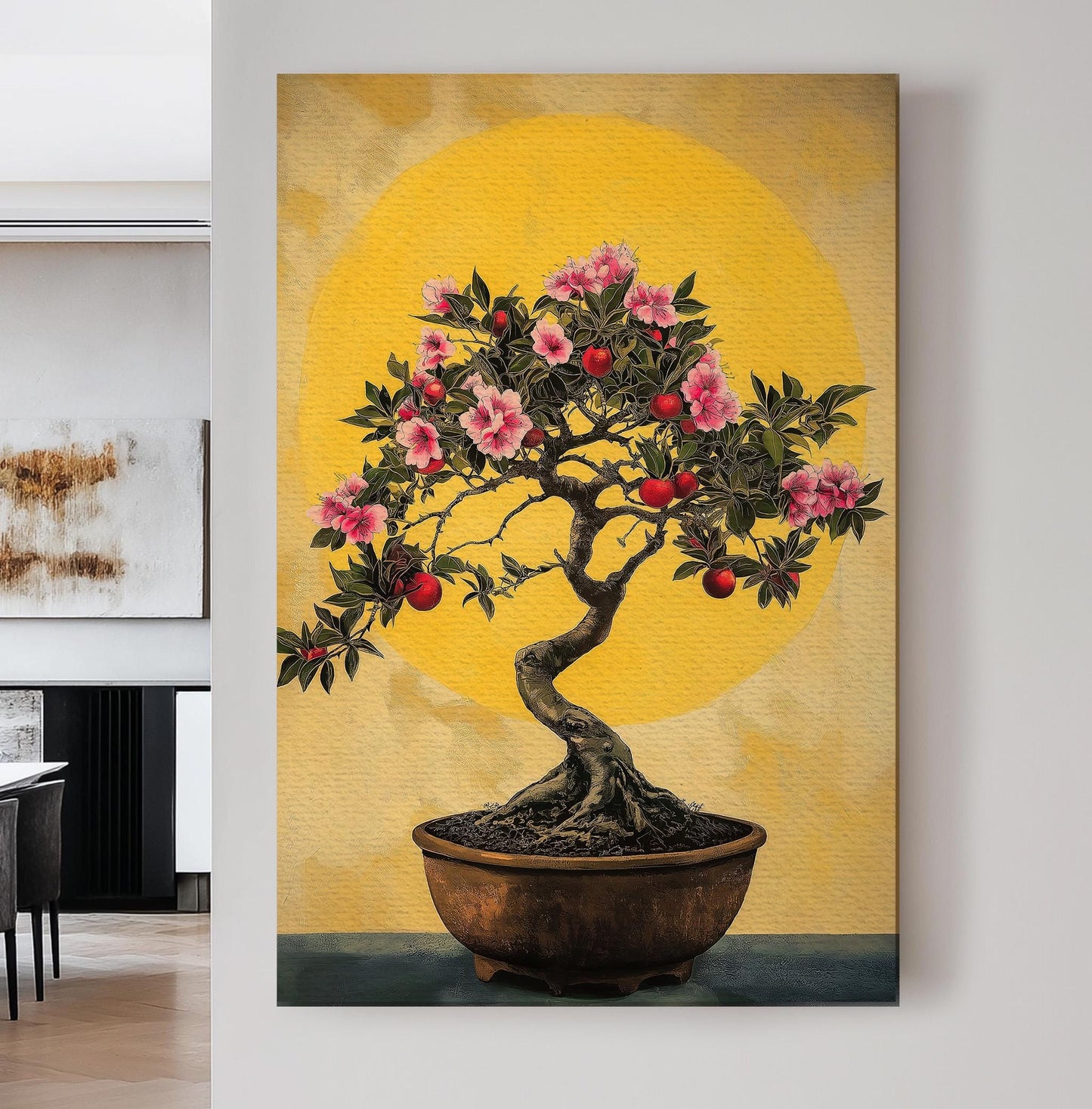 Bonsai Cherry Tree Vertical Wall Art Japanese, Decor Botanical Canvas Print, Muted Colors Sephia Big Canvas Art