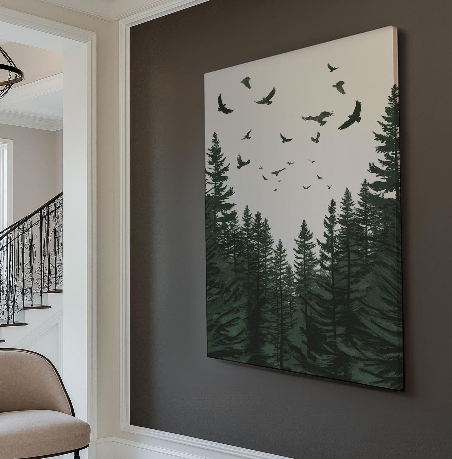 Birds Above The Pine Trees Vertical Wall Art Enchanted Forest, Decor Fantasy Illustration Canvas Print, Farmhouse Cabin Big Canvas Art