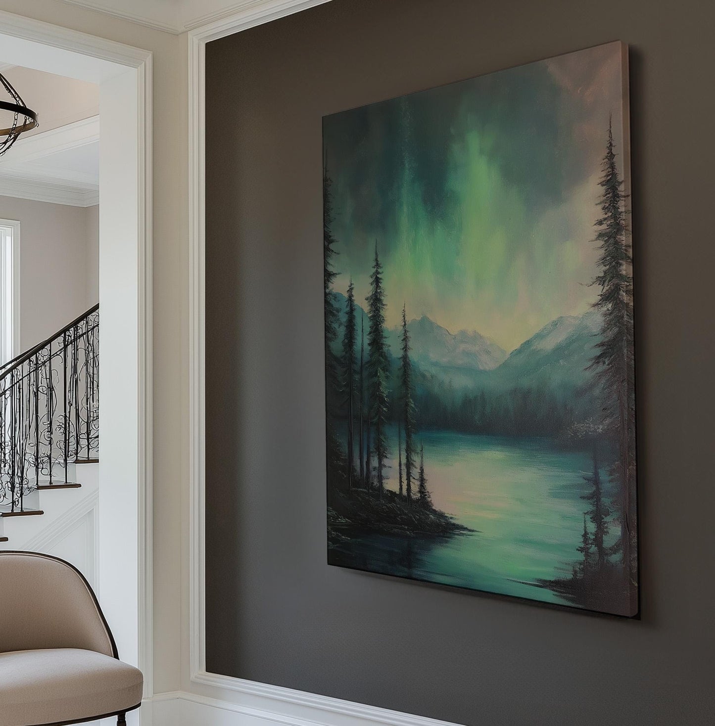 Beautiful SkyLake Vertical Wall Art Northern Lights, Decor Starry Sky Canvas Print, Aurora Borealis Big Canvas Art