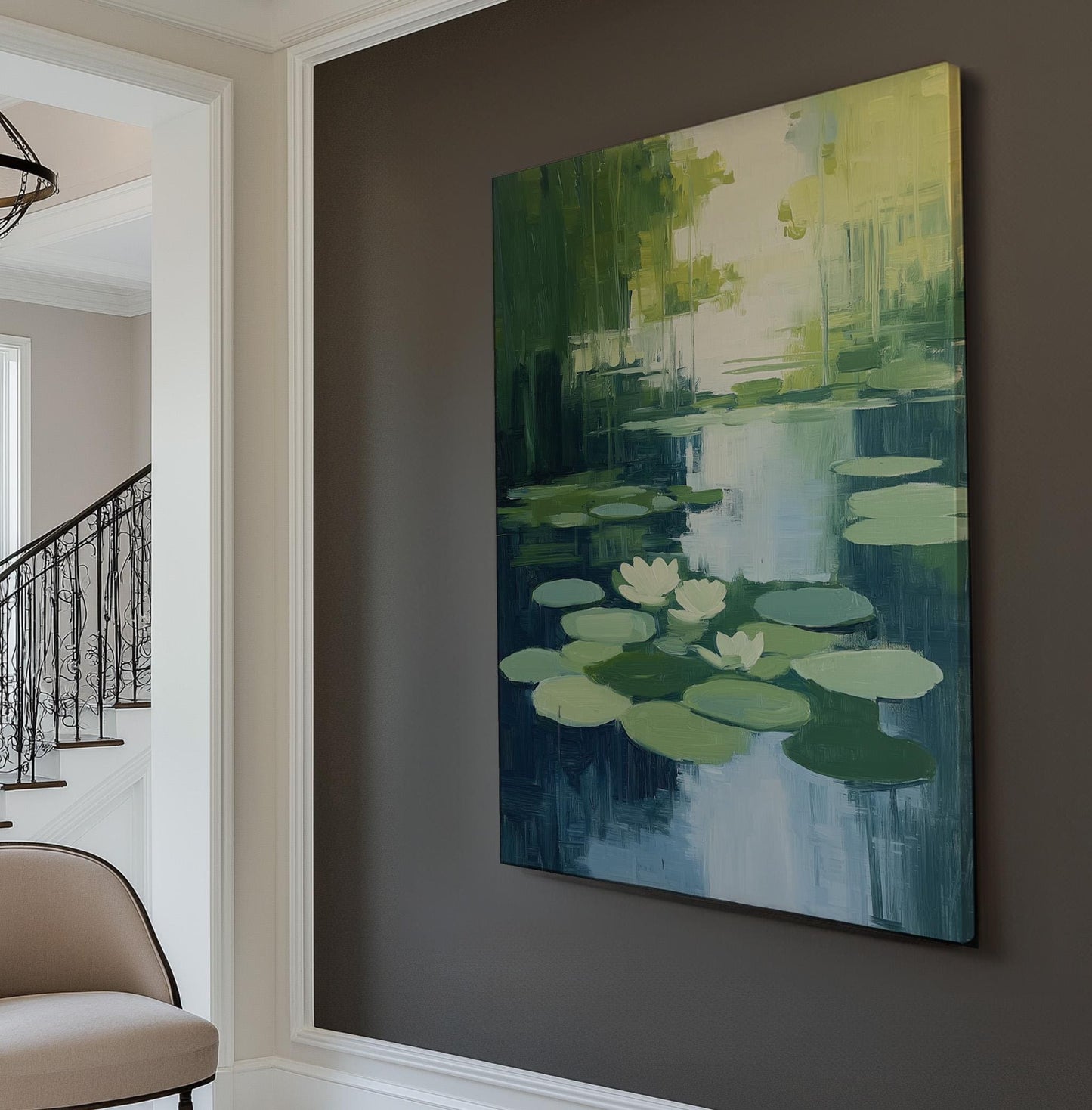 Abstract Lily On Lake Vertical Wall Art Tropical Garden, Decor Quiet Pond Canvas Print, Tranquil Big Canvas Art