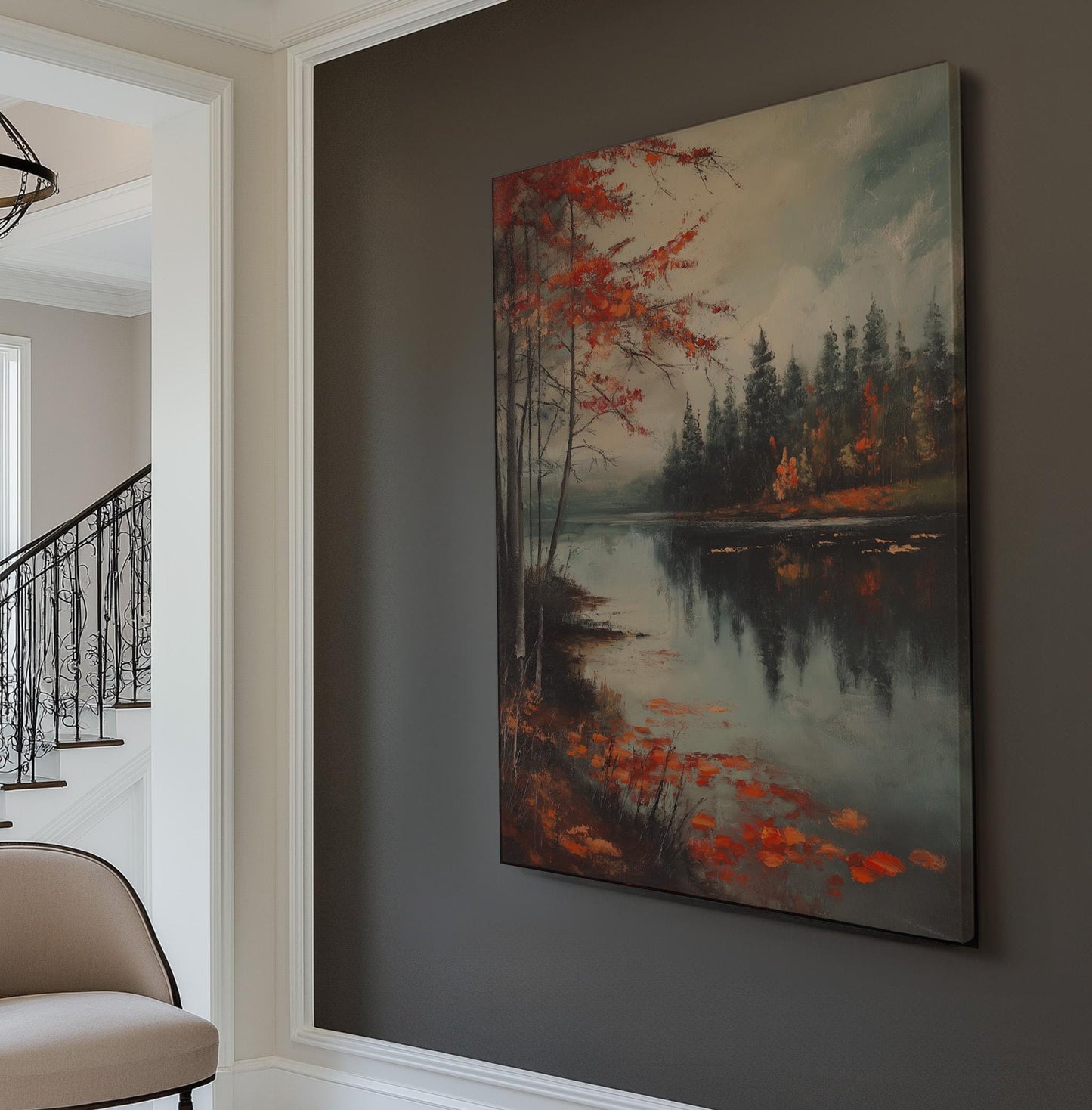 Autumn At The Lake Vertical Wall Art Lake Scene, Decor Quiet Pond Canvas Print, Tranquil Big Canvas Art