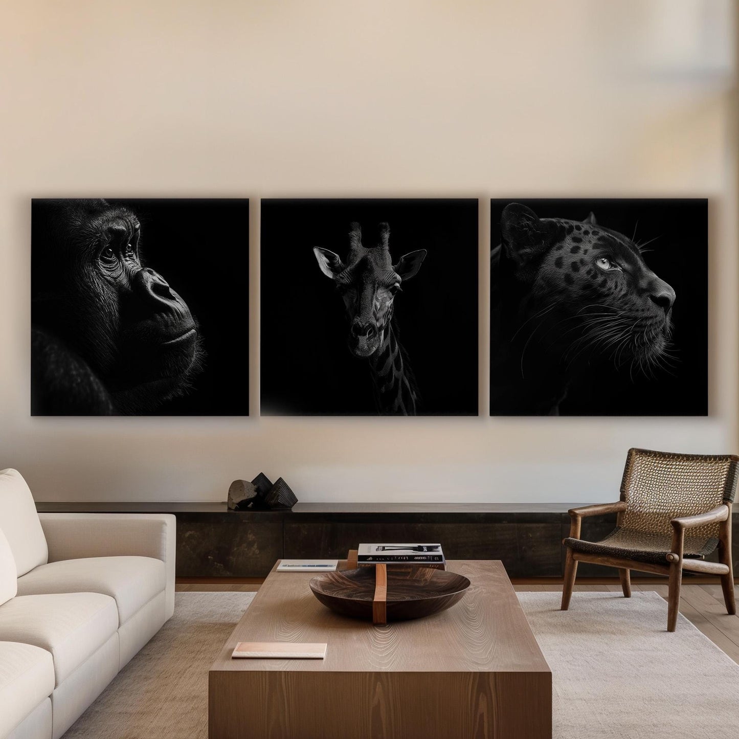 Wild Animals Triple Canvas Wall Art Gorilla, Huge Giraffe Canvas Print, Black Panthner Decor Canvas Art