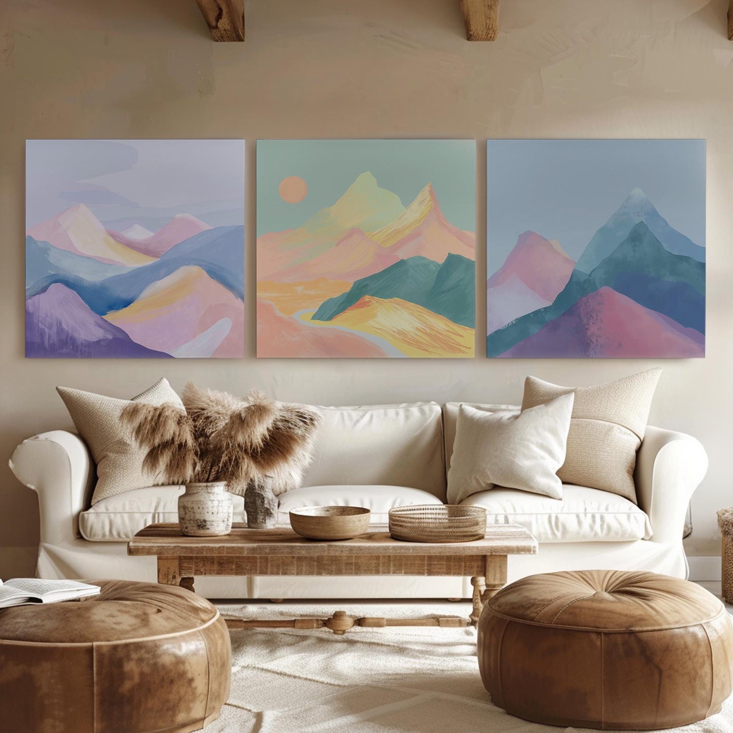 Mountain Watercolor Triple Canvas Wall Art Minimal, Huge Pastel Mountain Canvas Print, Modern Decor Canvas Art