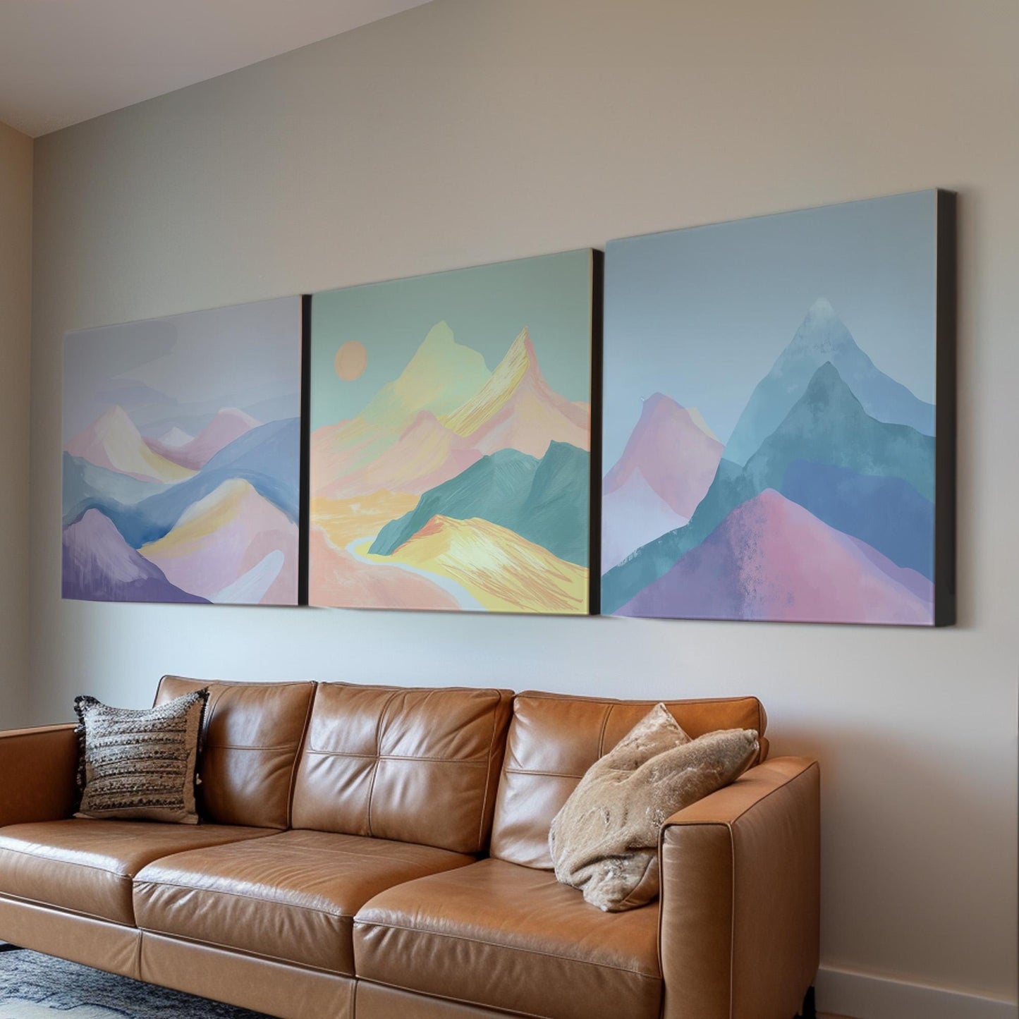 Mountain Watercolor Triple Canvas Wall Art Minimal, Huge Pastel Mountain Canvas Print, Modern Decor Canvas Art