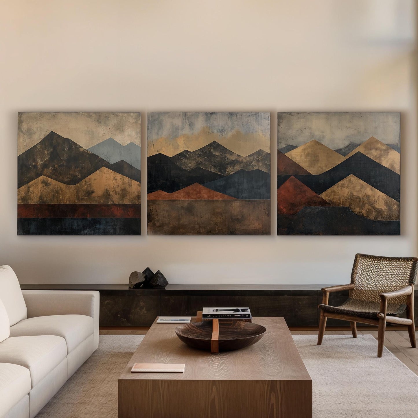 Mountain Art Deco Triple Canvas Wall Art Minimal, Huge Pastel Mountain Canvas Print, Modern Decor Canvas Art