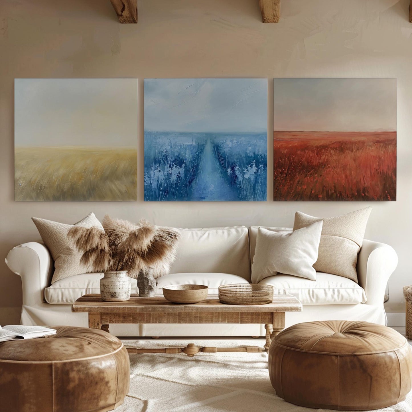 Colorful Grass Field Triple Canvas Wall Art Pampas Grass, Huge Pastel Canvas Print, Modern Decor Canvas Art