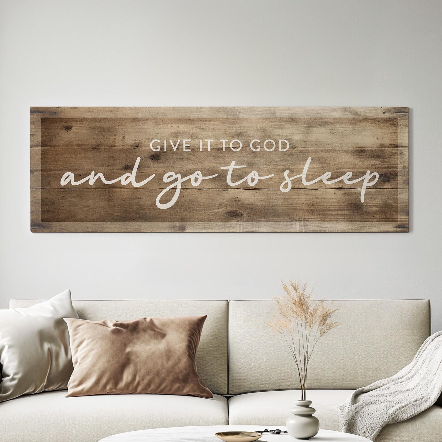 Give It To God And Go To Sleep Above Bed Wall Art Religious, Panoramic Wood Texture Canvas Print, Blessed Decor Canvas Art