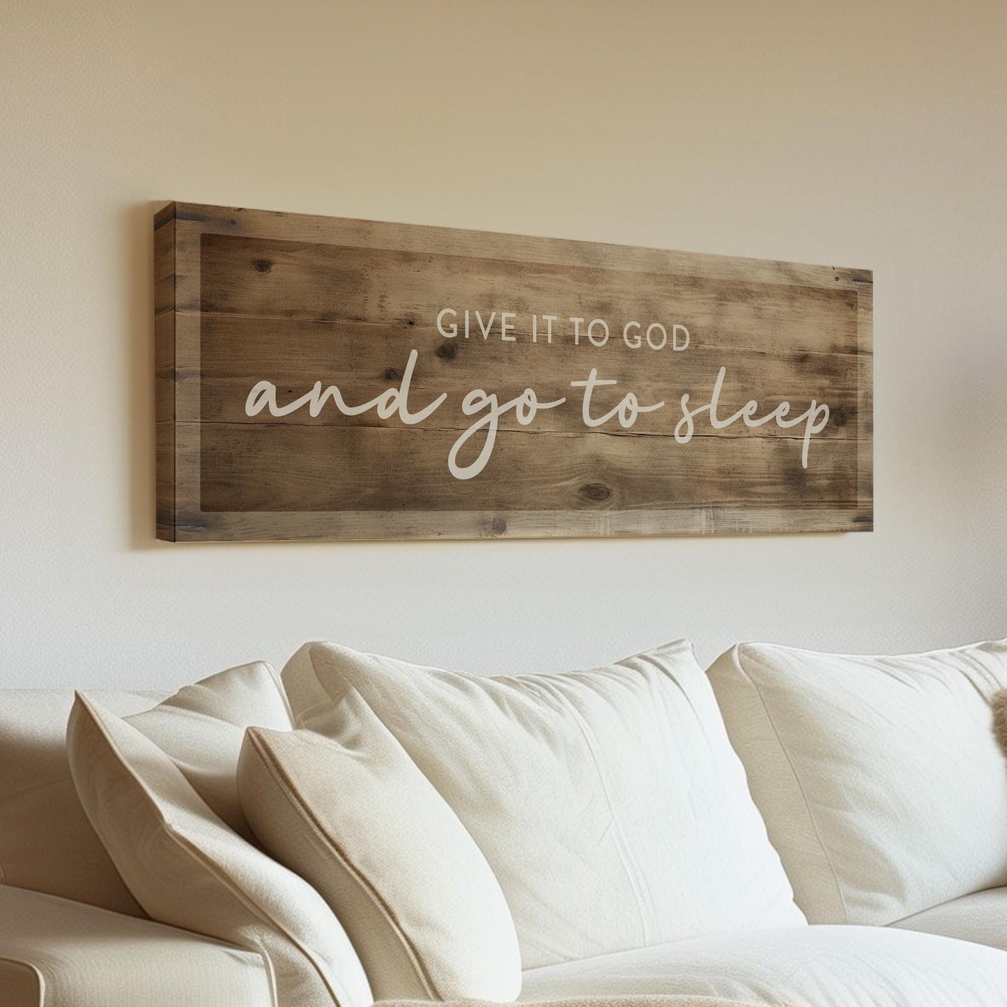 Give It To God And Go To Sleep Above Bed Wall Art Religious, Panoramic Wood Texture Canvas Print, Blessed Decor Canvas Art